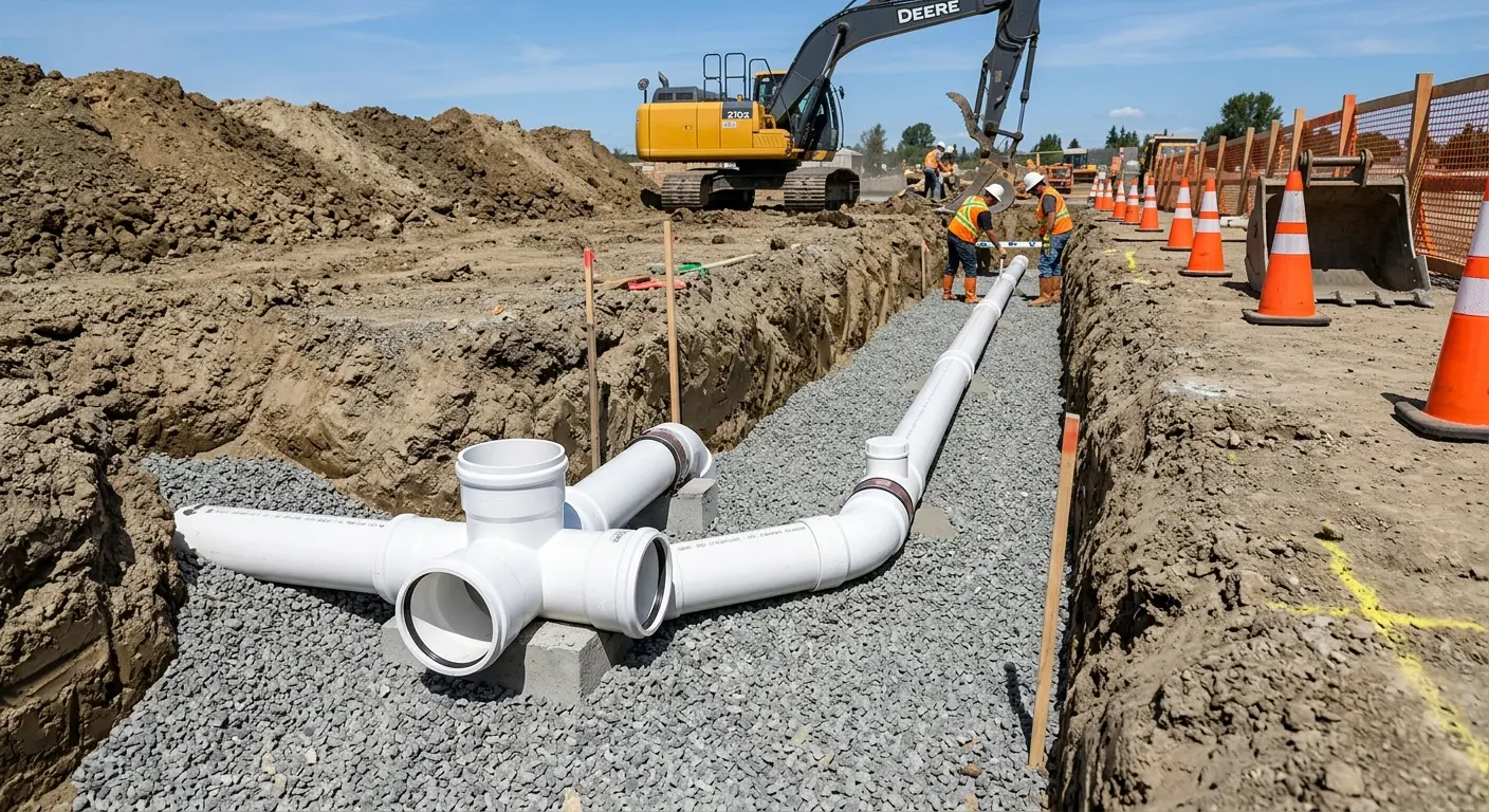 New PVC sewer pipe installation in open trench for Commercial Drain Cleaning in Hollis