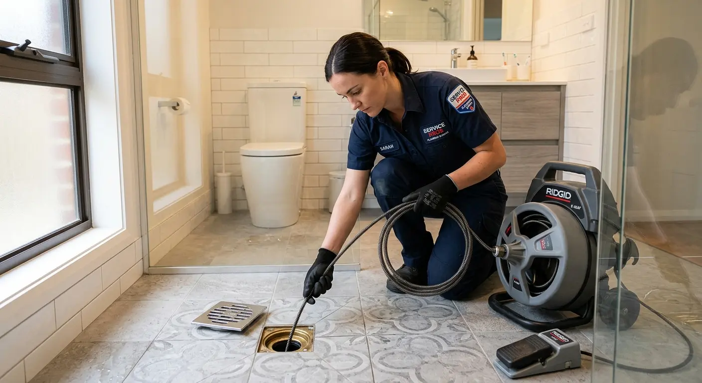Technician clearing a bathroom floor drain for Drain Repair in Hollis